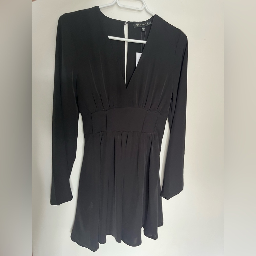 Dynamite Black V-Neck Corset Like Waist Detail Long Sleeve Mini Dress